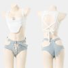 Pure Color Tank Top Hollow Out Denim Shorts Lingerie Set - Modakawa Modakawa