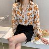 Vintage Floral Print Lapel Casual T-Shirt - Modakawa Modakawa