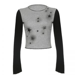 Fashion Star Print Round Collar Colorblock Sweatshirt Top  - Modakawa Modakawa